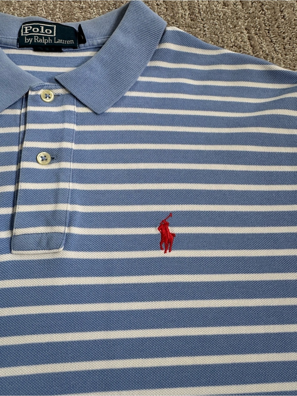 Ralph Lauren Men’s Polo Shirt - Light Blue & White Striped - Picture 2 of 4